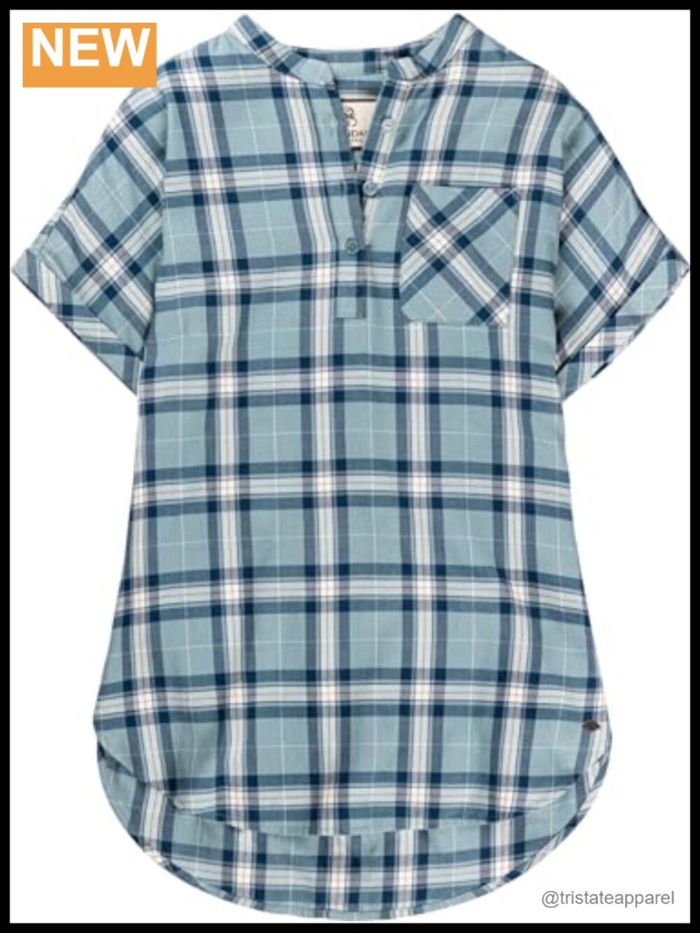 Women's Short Sleeve Popover Plaid Shirt Mandarin Collar Cotton Blend